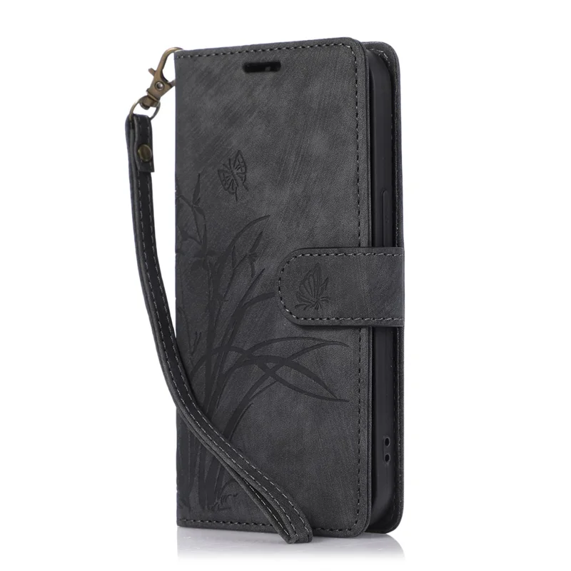 Para Samsung Galaxy A04e 4G / F04 4G / M04 4G Estuche de Cartera de Cuero con Patrón de Mariposa de Orquídeas - Negro