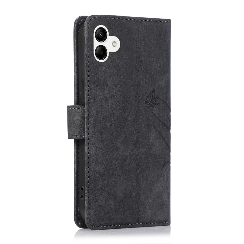 Para Samsung Galaxy A04e 4G / F04 4G / M04 4G Estuche de Cartera de Cuero con Patrón de Mariposa de Orquídeas - Negro