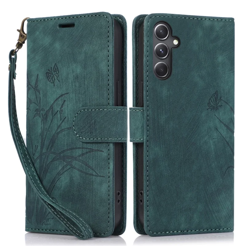 For Samsung Galaxy S23 FE Phone Wallet Case Orchid Butterfly Pattern Leather Cover - Green