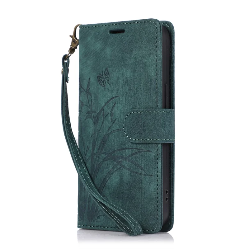 For Samsung Galaxy S23 FE Phone Wallet Case Orchid Butterfly Pattern Leather Cover - Green