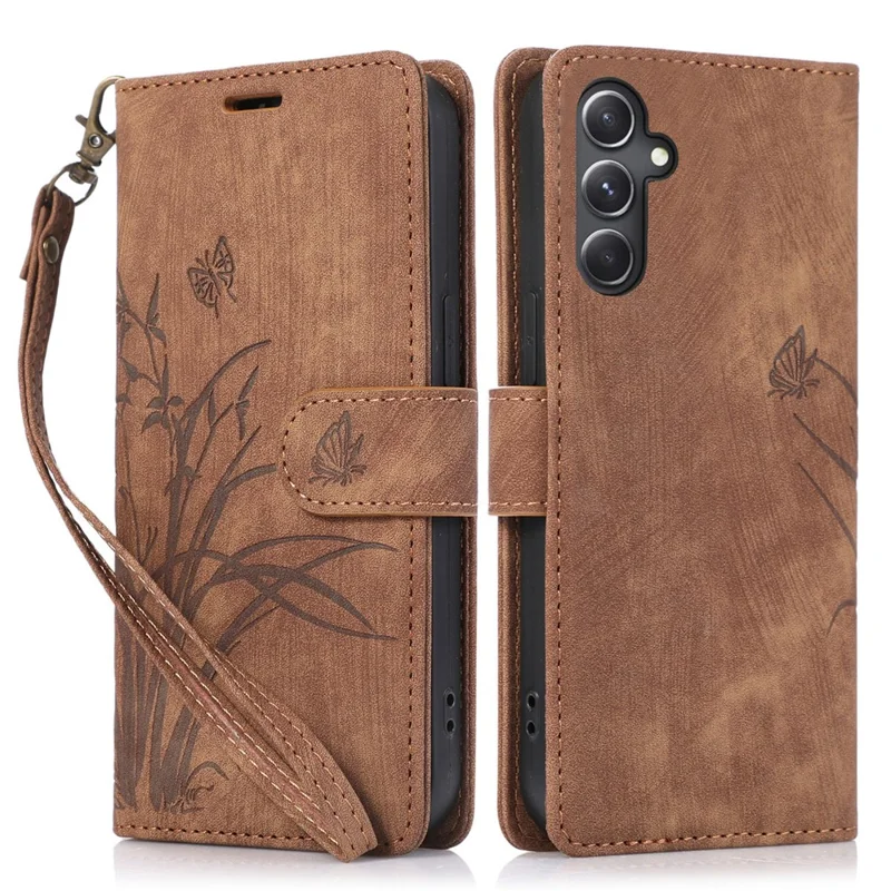 For Samsung Galaxy A14 4G / 5G Wallet Case Leather Cover Orchid Butterfly Pattern - Brown