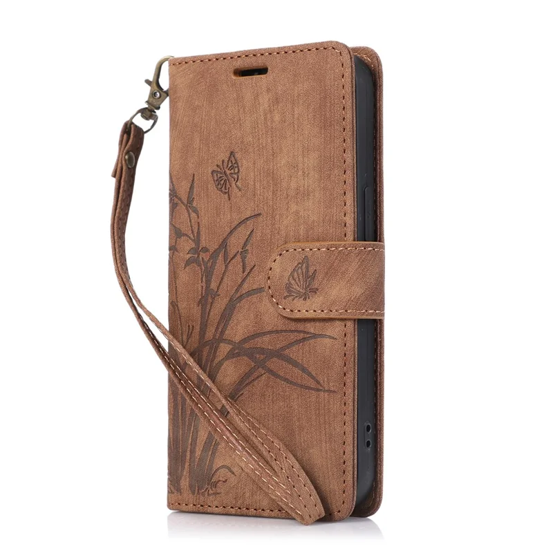 For Samsung Galaxy A14 4G / 5G Wallet Case Leather Cover Orchid Butterfly Pattern - Brown