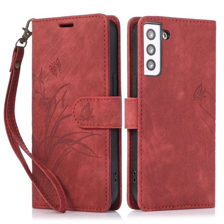 Para Samsung Galaxy S23+ Flip Leather Case Wallet Cover Orchid Butterfly Pattern - Red