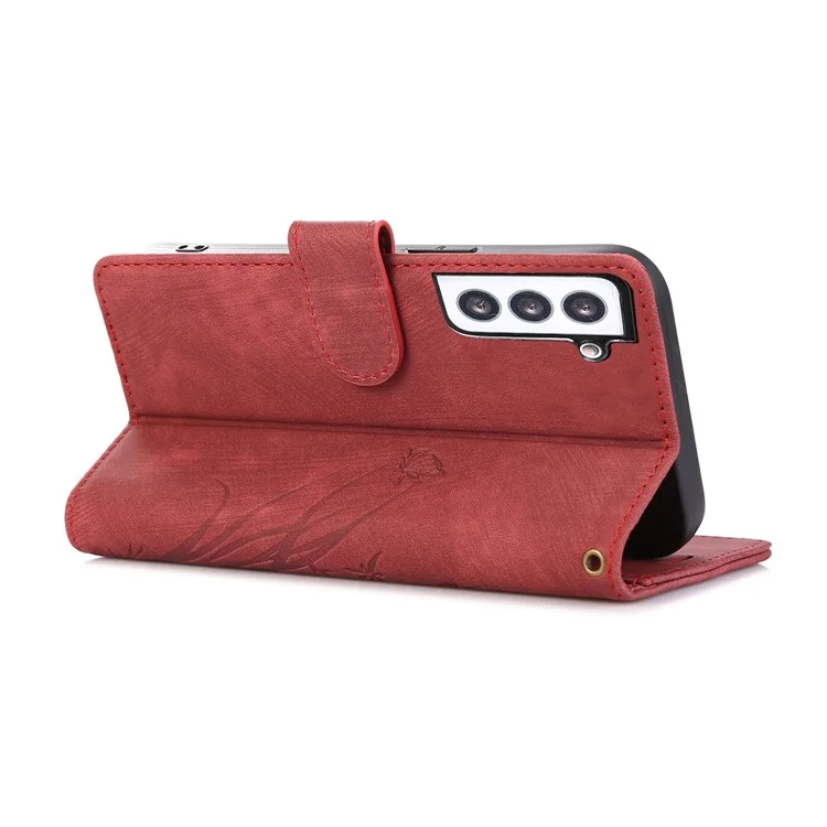 Para Samsung Galaxy S23+ Flip Leather Case Wallet Cover Orchid Butterfly Pattern - Red