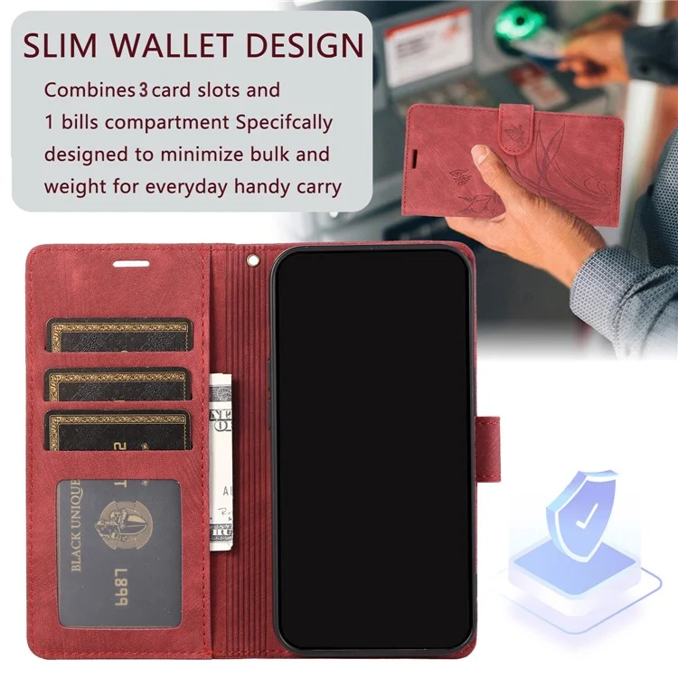 Para Samsung Galaxy S23+ Flip Leather Case Wallet Cover Orchid Butterfly Pattern - Red