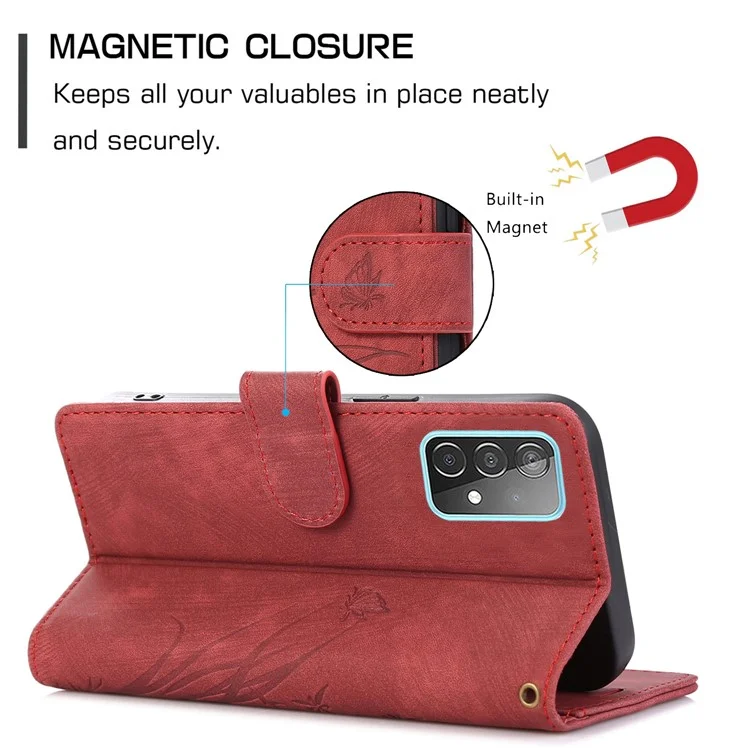 Para Samsung Galaxy S23+ Flip Leather Case Wallet Cover Orchid Butterfly Pattern - Red