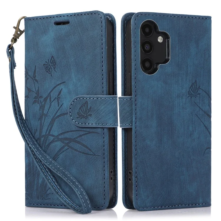 For Samsung Galaxy A13 4G / 5G Orchid Butterfly Leather Wallet Case with Strap - Blue