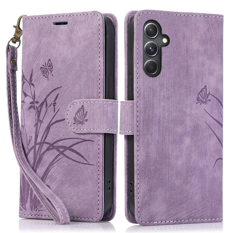 Für Samsung Galaxy A24 4G (162,1 x 77,6 x 8,3 mm) Lederhülle Ständer Brieftasche Cover mit Tragegurt - Lila
