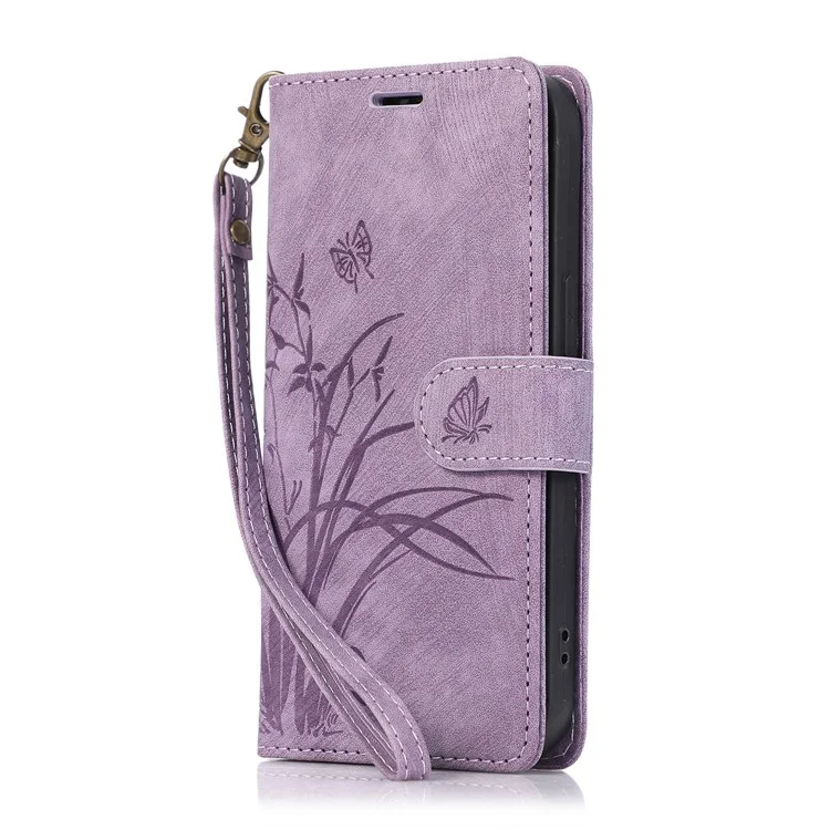 Für Samsung Galaxy A24 4G (162,1 x 77,6 x 8,3 mm) Lederhülle Ständer Brieftasche Cover mit Tragegurt - Lila
