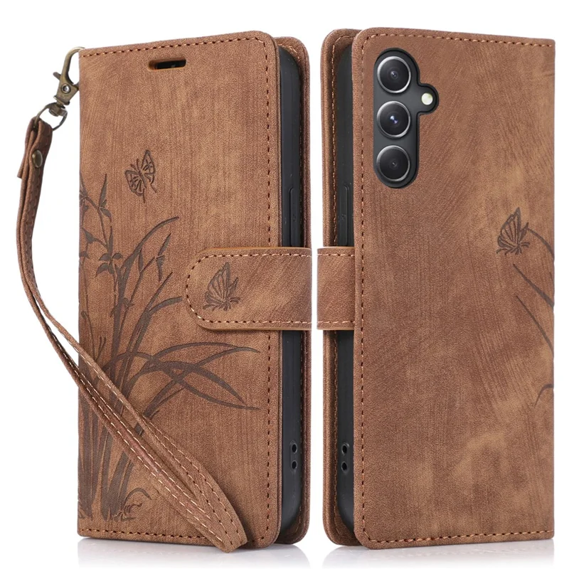 For Samsung Galaxy A24 4G (162.1 x 77.6 x 8.3mm) Leather Case Stand Wallet Cover with Strap - Brown