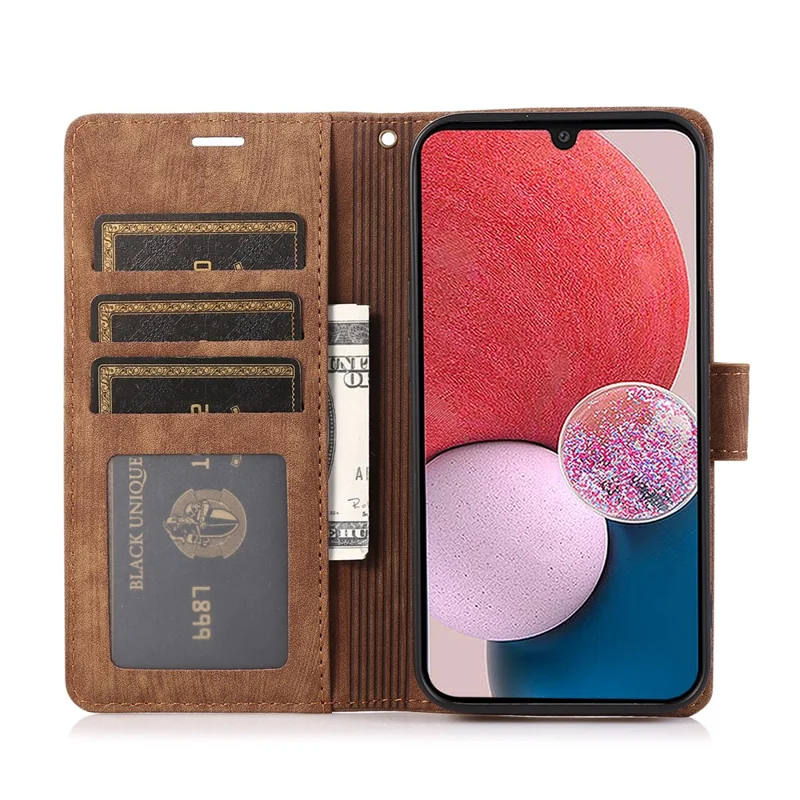 For Samsung Galaxy A24 4G (162.1 x 77.6 x 8.3mm) Leather Case Stand Wallet Cover with Strap - Brown