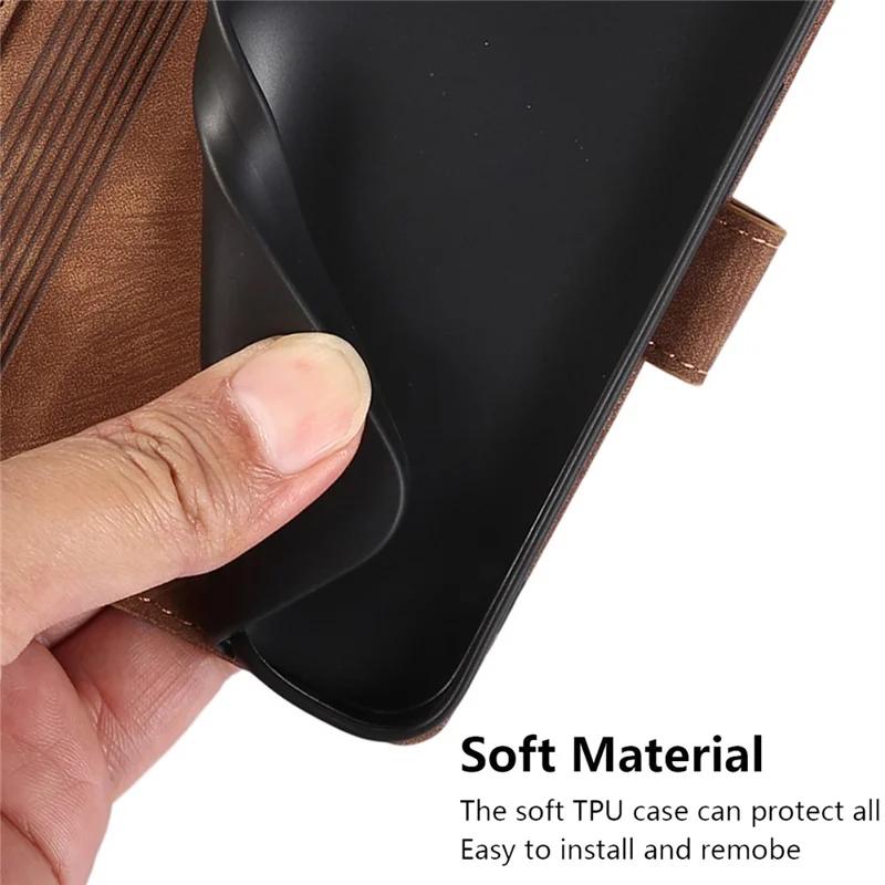 For Samsung Galaxy A24 4G (162.1 x 77.6 x 8.3mm) Leather Case Stand Wallet Cover with Strap - Brown