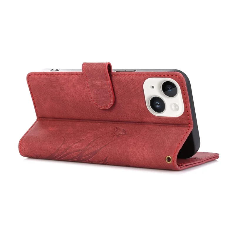 Wallet Leather Cover for iPhone 14 Plus Phone Case Orchid Butterfly Pattern - Red