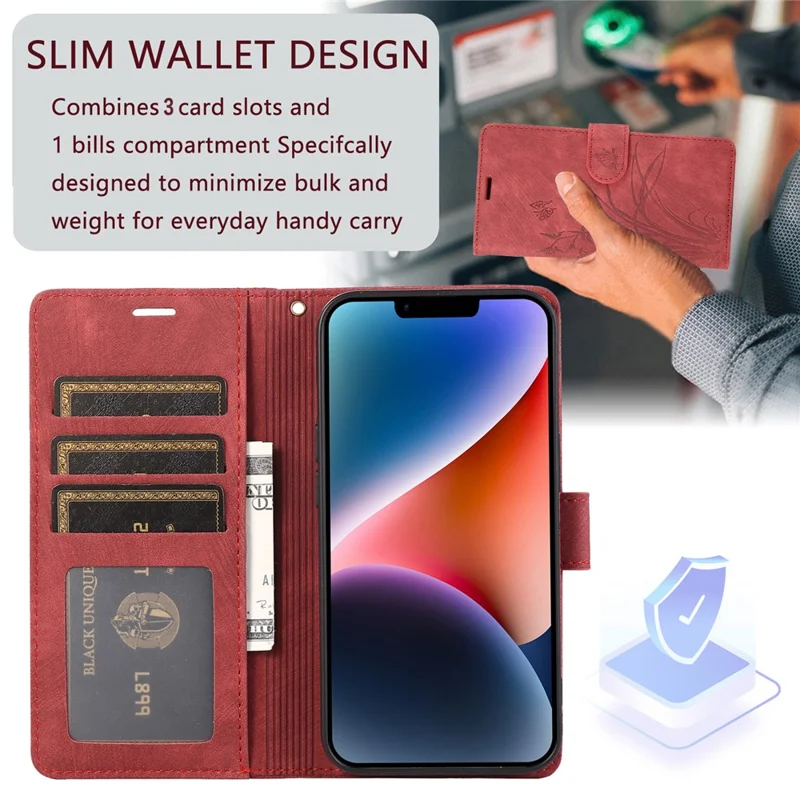 Wallet Leather Cover for iPhone 14 Plus Phone Case Orchid Butterfly Pattern - Red