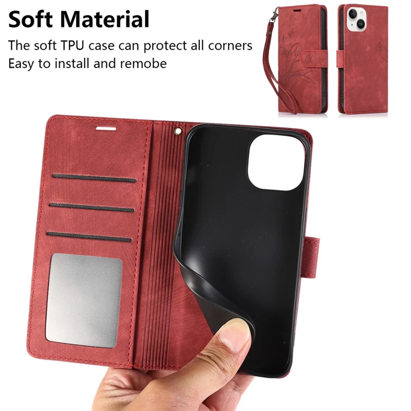 Wallet Leather Cover for iPhone 14 Plus Phone Case Orchid Butterfly Pattern - Red