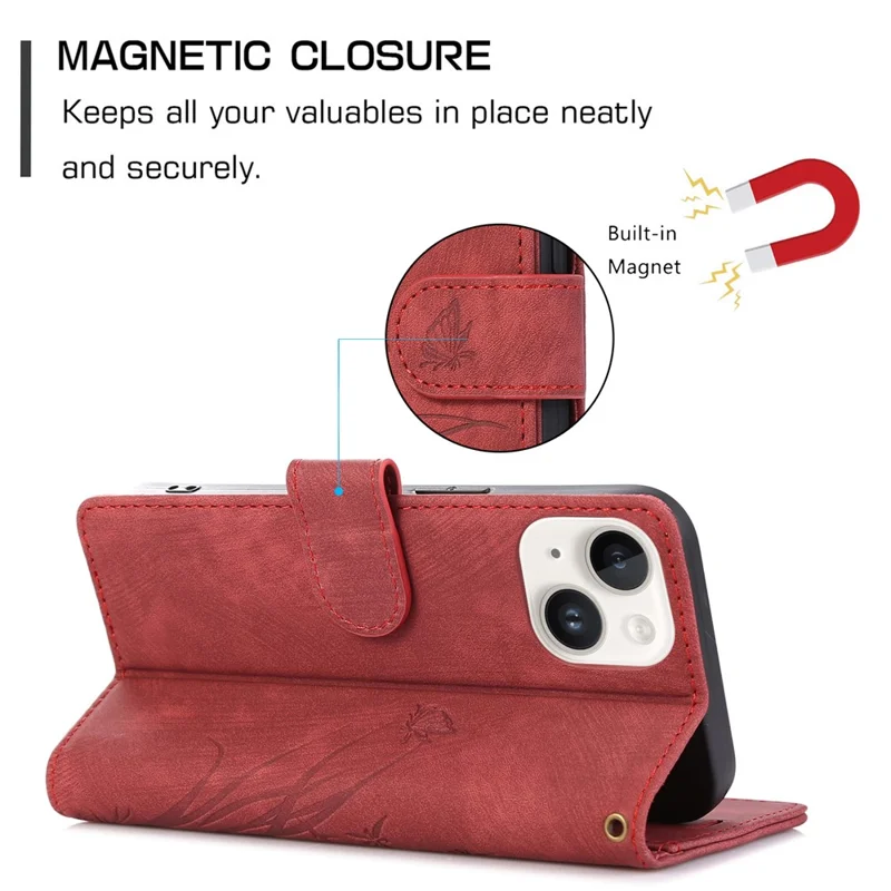 Wallet Leather Cover for iPhone 14 Plus Phone Case Orchid Butterfly Pattern - Red