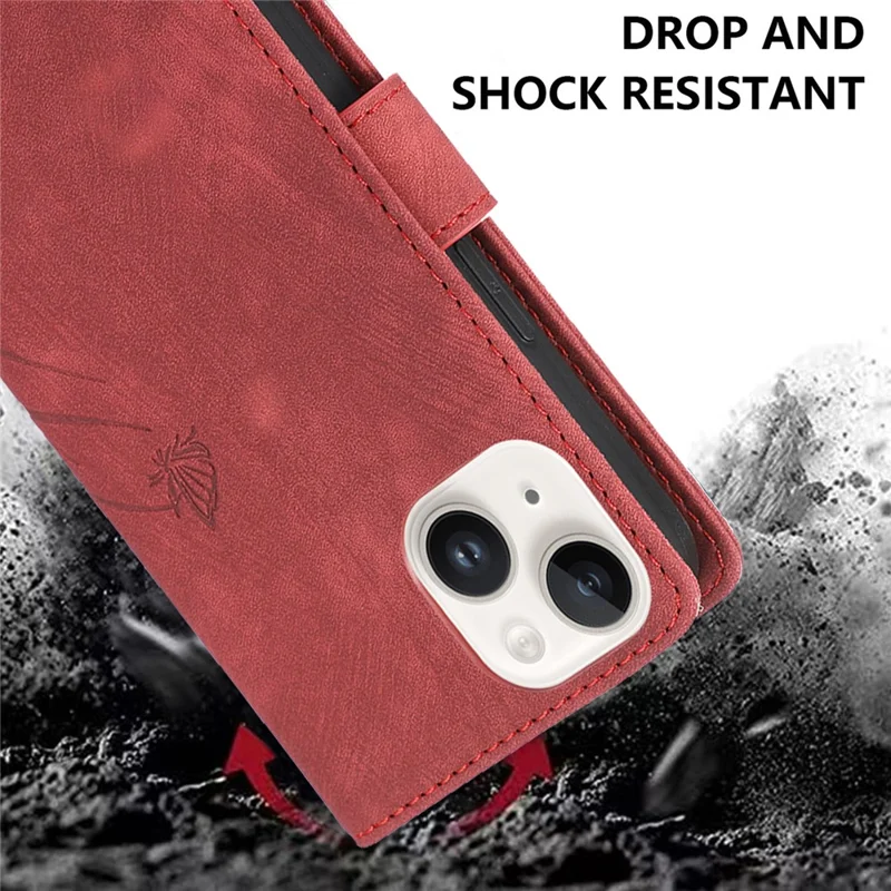 Wallet Leather Cover for iPhone 14 Plus Phone Case Orchid Butterfly Pattern - Red