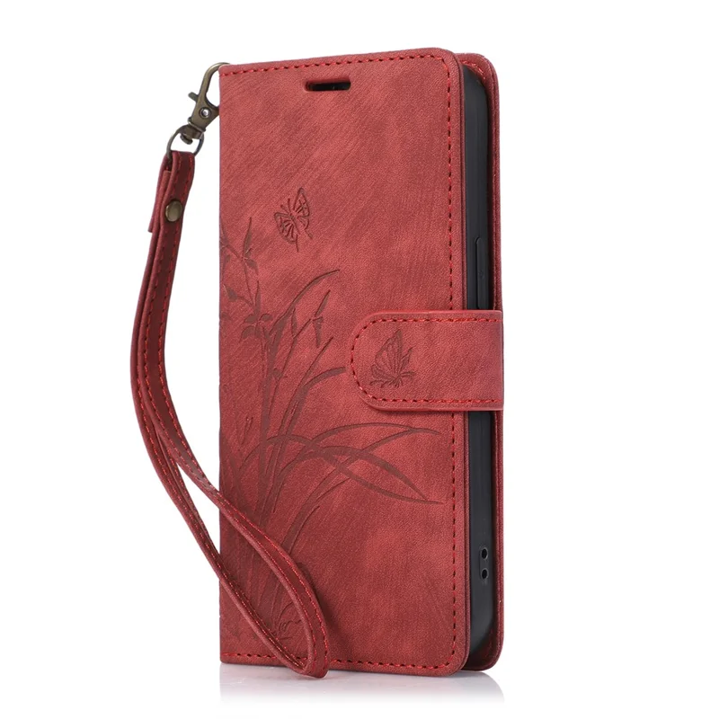 Wallet Leather Cover for iPhone 14 Plus Phone Case Orchid Butterfly Pattern - Red