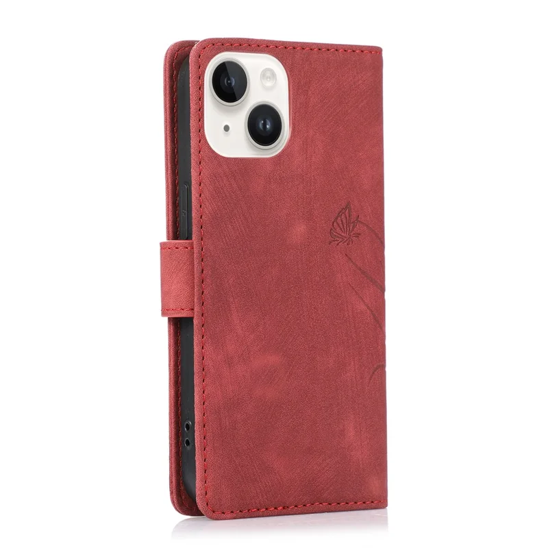 Wallet Leather Cover for iPhone 14 Plus Phone Case Orchid Butterfly Pattern - Red