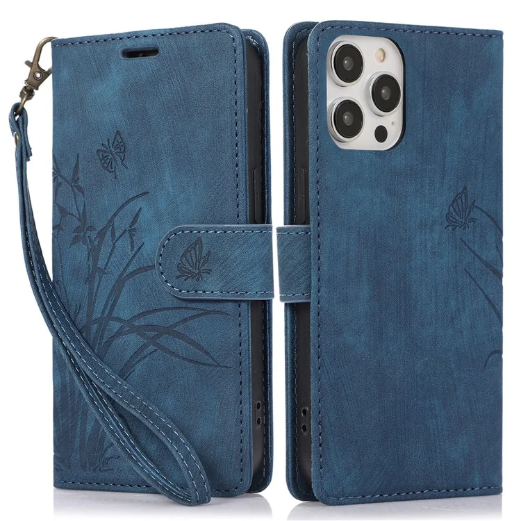 Étui en cuir pour iPhone 15 Pro Max - Motif orchidée et papillon - Bleu