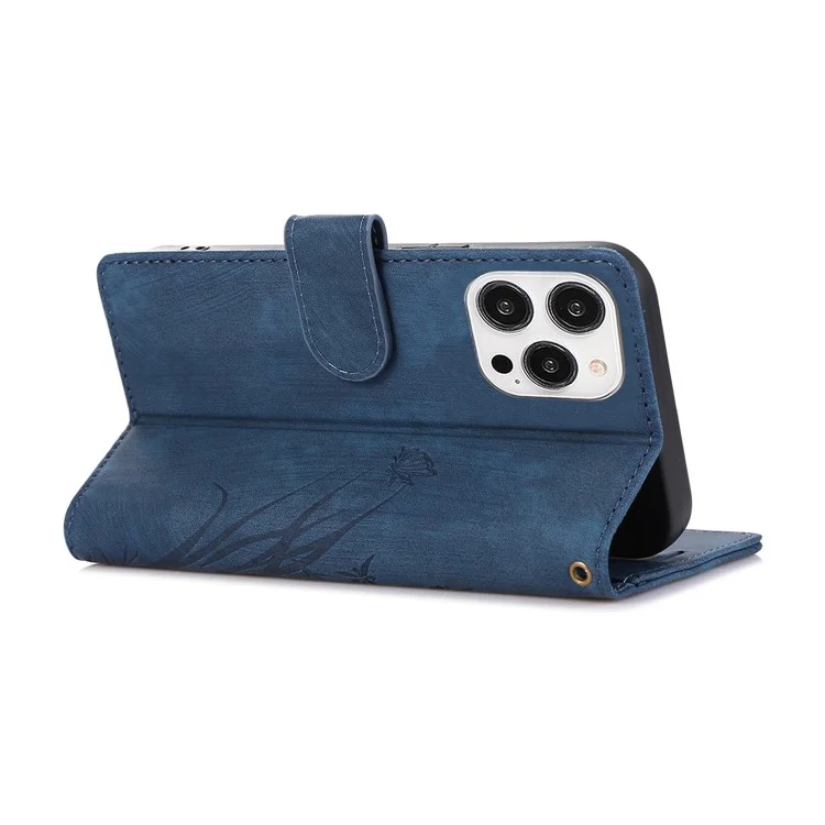 Étui en cuir pour iPhone 15 Pro Max - Motif orchidée et papillon - Bleu