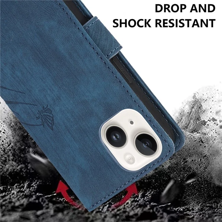 Étui en cuir pour iPhone 15 Pro Max - Motif orchidée et papillon - Bleu