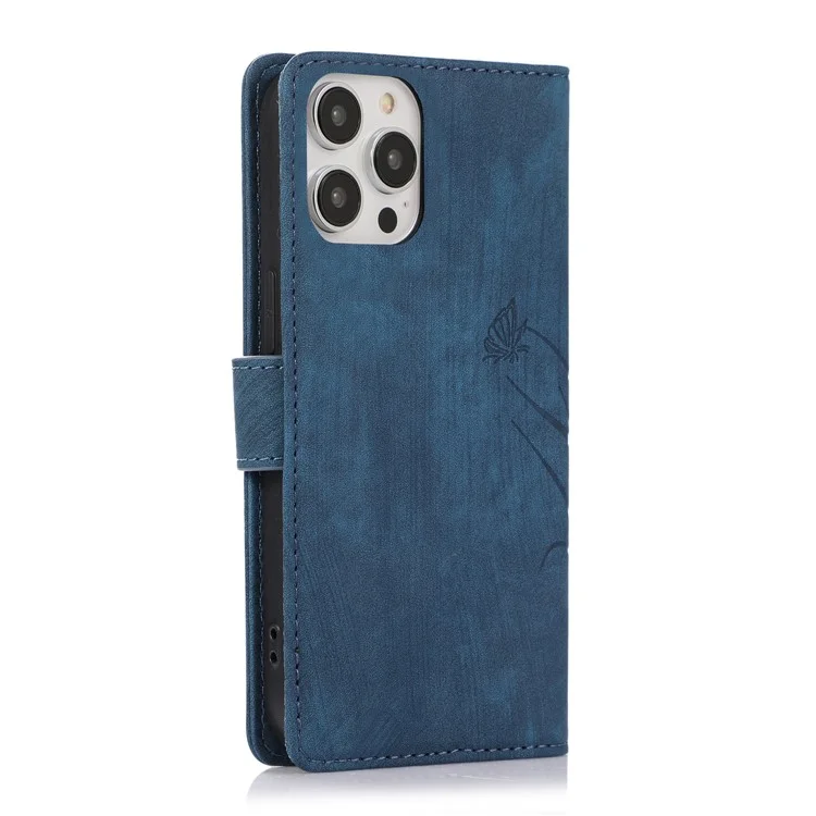 Étui en cuir pour iPhone 15 Pro Max - Motif orchidée et papillon - Bleu