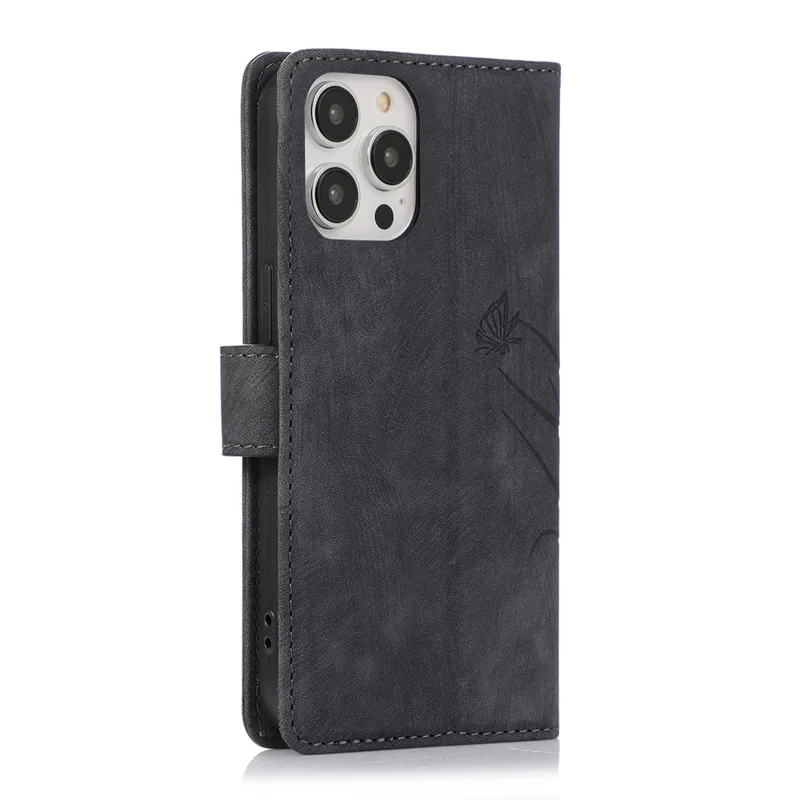 For iPhone 15 Pro Max Leather Case Orchid Butterfly Flip Wallet Phone Cover - Black