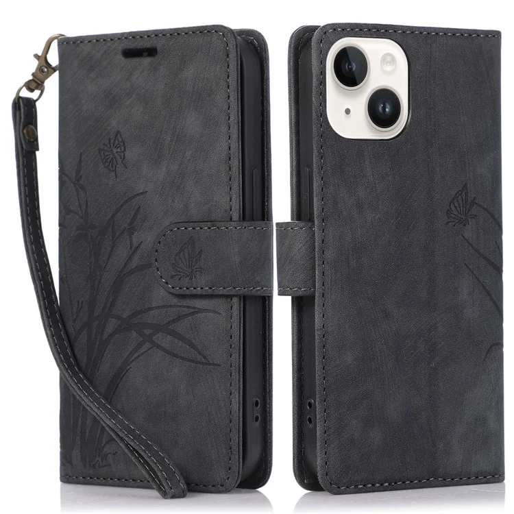 Custodia Flip Wallet in Pelle per iPhone 15 Cover per Telefono con Motivo Impresso a Orchidea e Farfalla - Nero