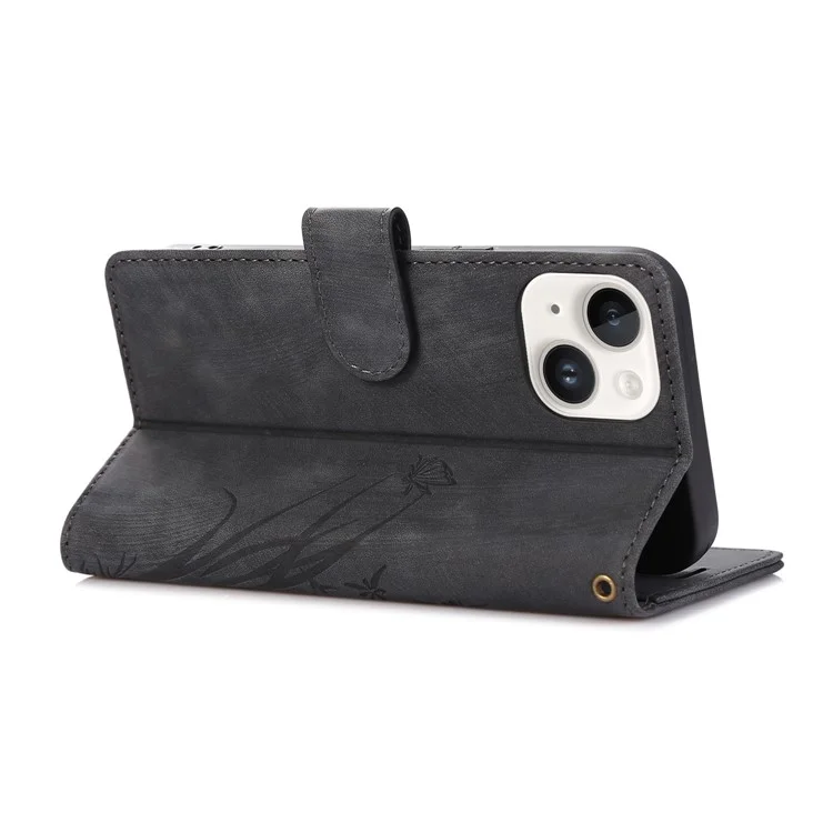 Custodia Flip Wallet in Pelle per iPhone 15 Cover per Telefono con Motivo Impresso a Orchidea e Farfalla - Nero