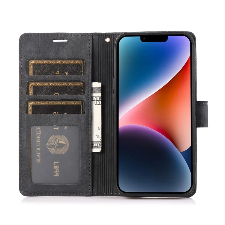 Custodia Flip Wallet in Pelle per iPhone 15 Cover per Telefono con Motivo Impresso a Orchidea e Farfalla - Nero