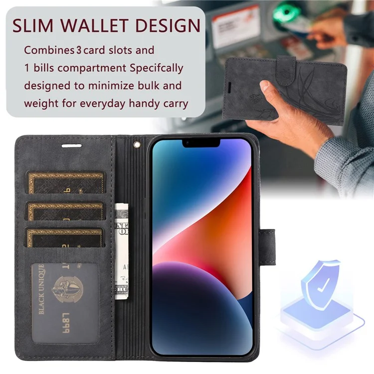 Custodia Flip Wallet in Pelle per iPhone 15 Cover per Telefono con Motivo Impresso a Orchidea e Farfalla - Nero