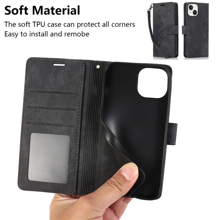 Custodia Flip Wallet in Pelle per iPhone 15 Cover per Telefono con Motivo Impresso a Orchidea e Farfalla - Nero