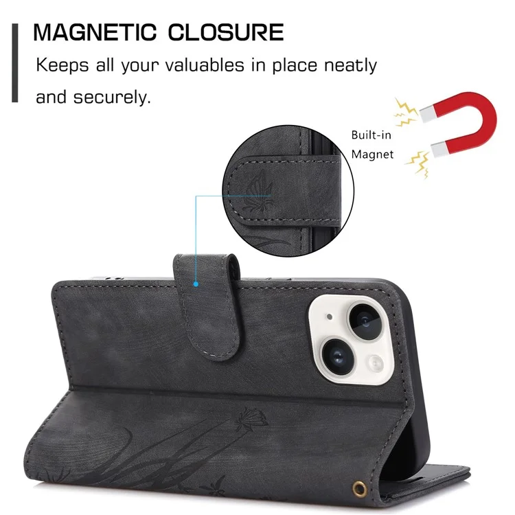 Custodia Flip Wallet in Pelle per iPhone 15 Cover per Telefono con Motivo Impresso a Orchidea e Farfalla - Nero