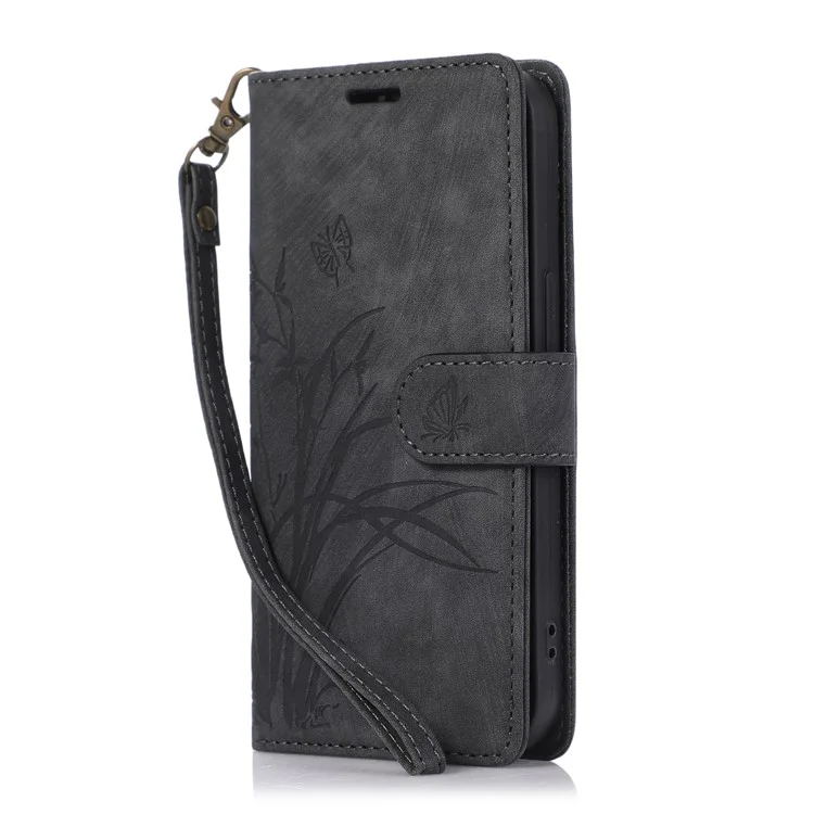Custodia Flip Wallet in Pelle per iPhone 15 Cover per Telefono con Motivo Impresso a Orchidea e Farfalla - Nero
