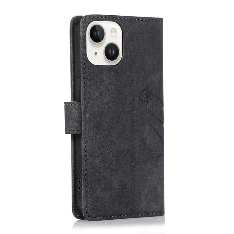 Custodia Flip Wallet in Pelle per iPhone 15 Cover per Telefono con Motivo Impresso a Orchidea e Farfalla - Nero