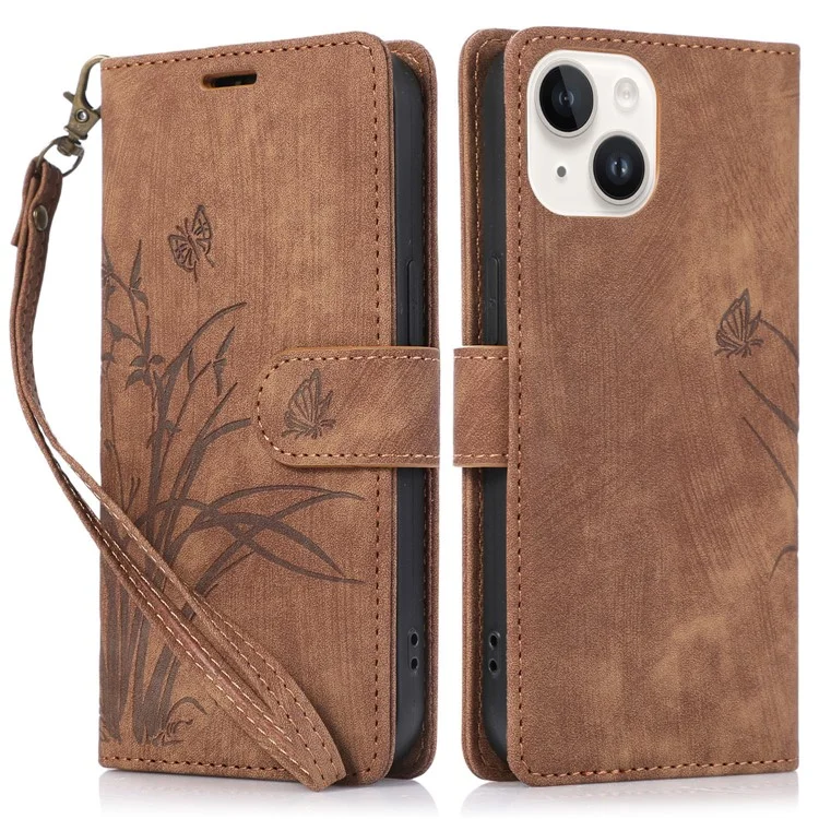 For iPhone 13 Leather Case with Strap Wallet Stand Orchid Butterfly Pattern - Brown