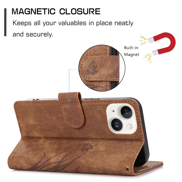 For iPhone 13 Leather Case with Strap Wallet Stand Orchid Butterfly Pattern - Brown