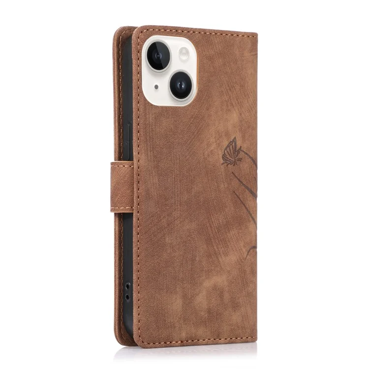 For iPhone 13 Leather Case with Strap Wallet Stand Orchid Butterfly Pattern - Brown