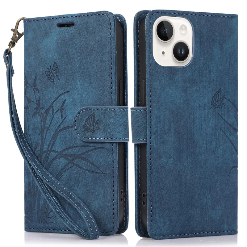 For iPhone 13 Leather Case with Strap Wallet Stand Orchid Butterfly Pattern - Blue