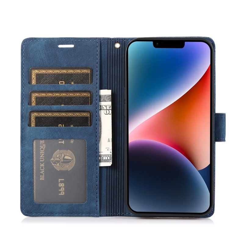 For iPhone 13 Leather Case with Strap Wallet Stand Orchid Butterfly Pattern - Blue