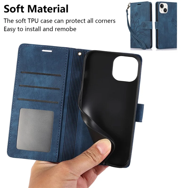 For iPhone 13 Leather Case with Strap Wallet Stand Orchid Butterfly Pattern - Blue