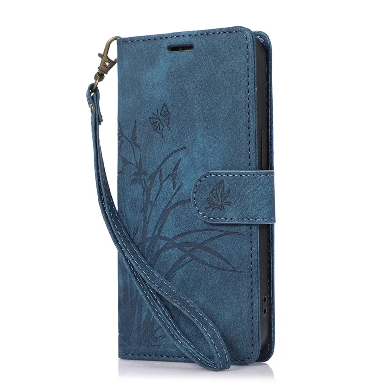 For iPhone 13 Leather Case with Strap Wallet Stand Orchid Butterfly Pattern - Blue
