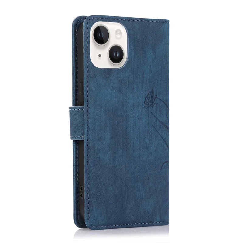 For iPhone 13 Leather Case with Strap Wallet Stand Orchid Butterfly Pattern - Blue