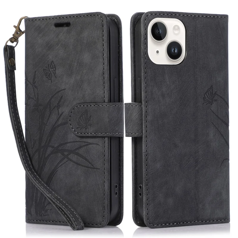 For iPhone 14 Leather Wallet Case Orchid Butterfly Phone Cover with Strap - Black