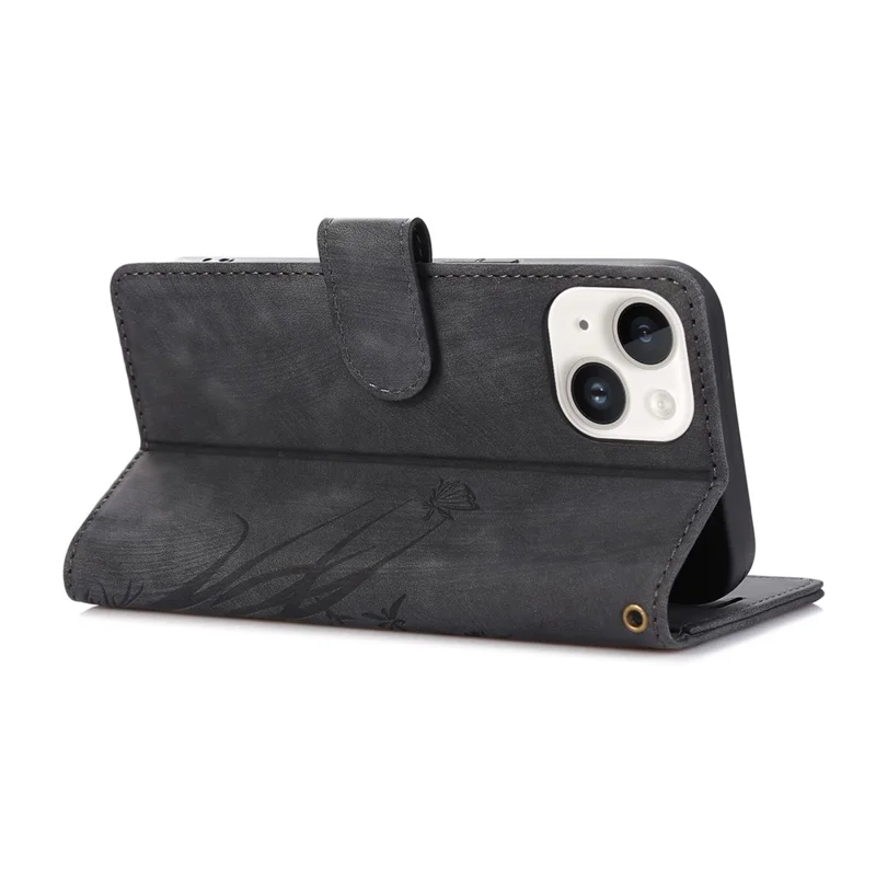 For iPhone 14 Leather Wallet Case Orchid Butterfly Phone Cover with Strap - Black
