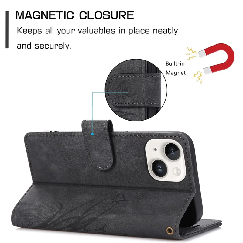For iPhone 14 Leather Wallet Case Orchid Butterfly Phone Cover with Strap - Black