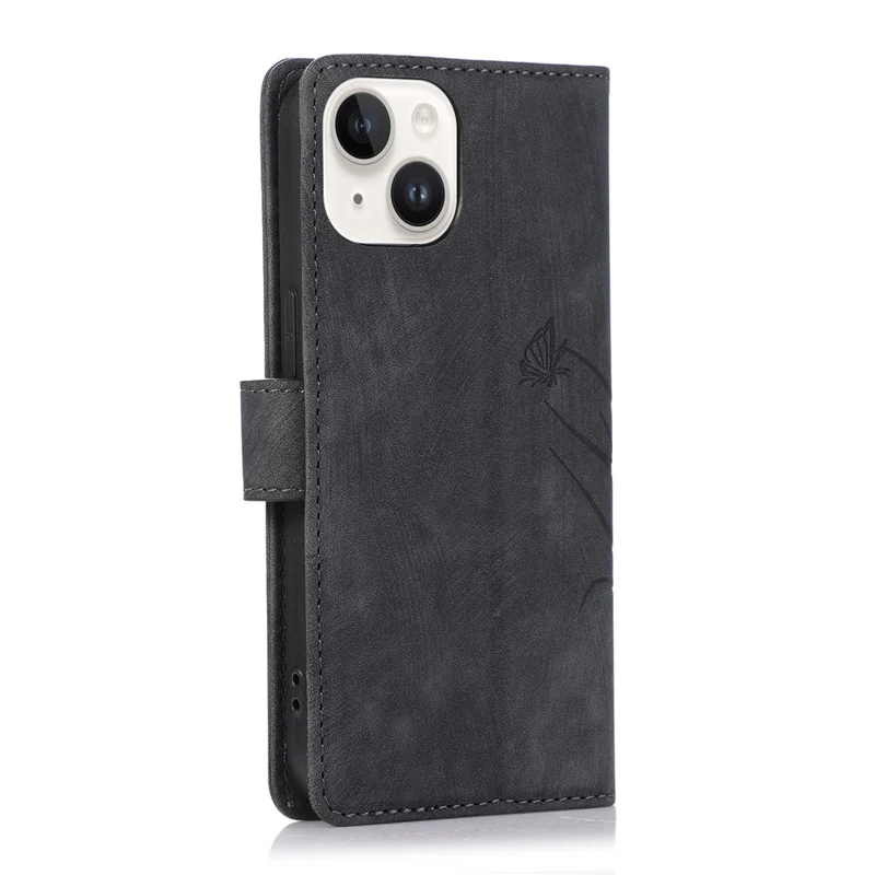 For iPhone 14 Leather Wallet Case Orchid Butterfly Phone Cover with Strap - Black