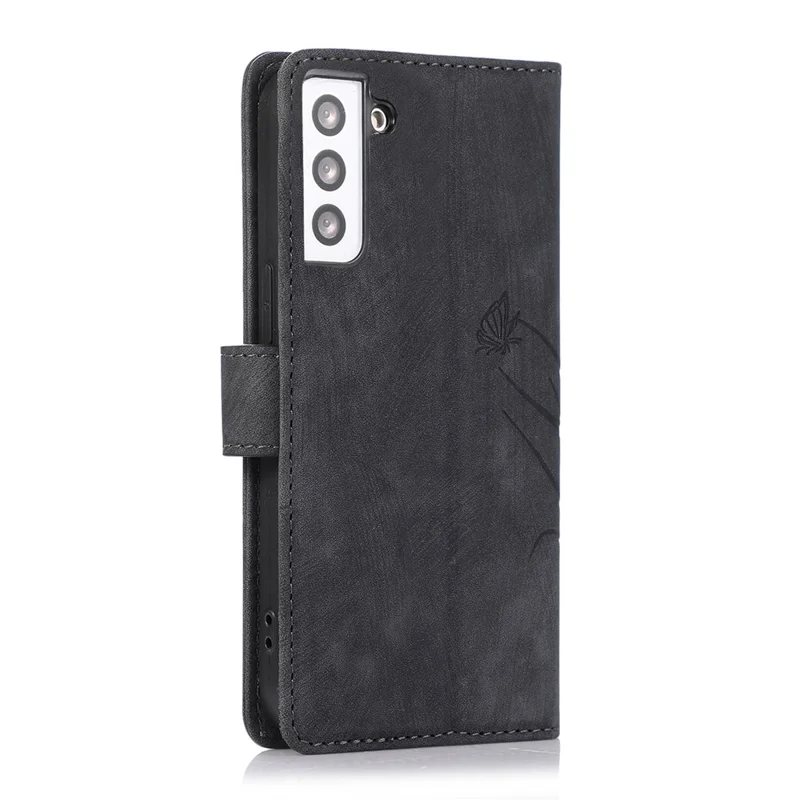 For Samsung Galaxy S23 Phone Case Wallet Folding Stand Orchid Butterfly Pattern - Black
