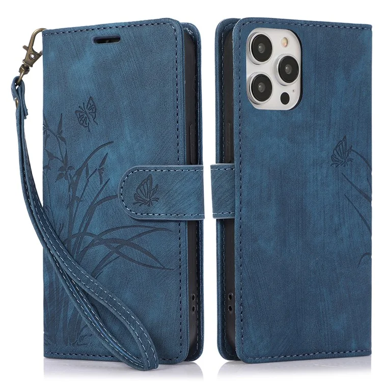 For iPhone 15 Pro Leather Flip Cover Orchid Butterfly Wallet Case with Strap - Blue